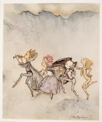 Cada uno, saltando en la punta de su pie, estará aquí con mopa y mueca, ilustración de La Tempestad de William Shakespeare, pub. 1926