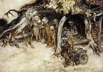 Los duendes hacen una chaqueta. Ilustración de Arthur RACKHAM (1867-1939) para El Sueño de una Noche de Verano de William SHAKESPEARE