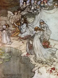 Elfos haciendo collares de rosas. Ilustración de Arthur RACKHAM (1867-1939) para El sueño de una noche de verano de William SHAKESPEARE