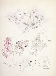 Entran: Cobweb, Moth, Mustardseed y Peaseblossom. Ilustración para "El sueño de una noche de verano" de Shakespeare, c.1908