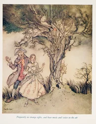 Frecuentemente ven extrañas visiones y oyen música y voces en el aire, de La leyenda de Sleepy Hollow de Washington Irving (1783 - 1859), pub. 1928