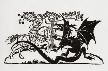 Jorge y el dragón. Del libro English Fairy Tales retold by F.A. Steel with illustrations by Arthur Rackham, publicado en 1927.