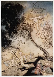 Ve a traer a la chusma, sobre la cual te doy poder, aquí a este lugar, Frontispicio de La Tempestad de William Shakespeare, pub. 1926