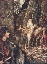 Buen enano, ¿no puedes decirme dónde están mis hermanos? de Los cuentos de hadas de los hermanos Grimm, pub. 1909