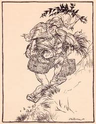 Gimiendo continuamente, subió a la montaña. Ilustración de Arthur Rackham del cuento de Grimm La gansa en el pozo.