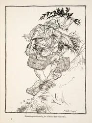 Gimiendo continuamente, subió la montaña, de Hermanito y Hermanita y Otros Cuentos de los Hermanos Grimm, pub.1917 (litografía)