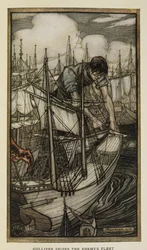 Gulliver captura la flota enemiga, Ilustración de Los viajes de Gulliver de Jonathan Swift, por Arthur Rackham.