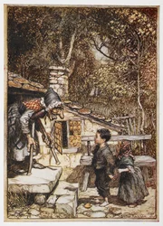Hansel y Grethel en casa de la anciana.