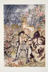 Oyó un fuerte ruido y vio venir hacia él una bestia tan espantosa que estuvo a punto de desmayarse de miedo, de The Arthur Rackham Fairy Book, pub. 1933