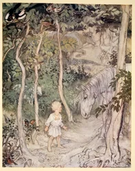 Podría pensar, mientras miraba fijamente a un caballo que lo miraba: «Un muchacho no puede menear la cola para espantar las moscas», ilustración de «Irish Fairy Tales» de James Stephens, 1920