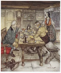 "Dice que puedes ir a abrir el cofre de la esquina y verás al diablo agazapado en su interior". Un granjero y un hombre conocido como el pequeño Claus, sentados a la mesa, mientras la mujer del granjero les trae comida. Ilustración de "el pequeño Claus y e