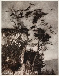 Solo fue respondido por una bandada de cuervos ociosos., de Rip Van Winkle por Washington Irving, pub. 1910