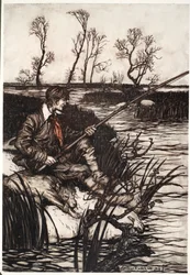 Se sentaba en una roca mojada y pescaba todo el día., de Rip Van Winkle de Washington Irving, pub. 1910