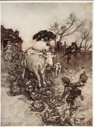 Su vaca se extraviaba o se metía entre las coles., de Rip Van Winkle de Washington Irving, pub. 1910