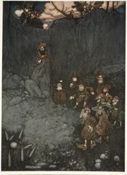 Su padre los había visto en sus viejos trajes holandeses jugando a los bolos., de Rip Van Winkle por Washington Irving, pub. 1910