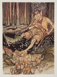 Pulgarcito se acercó al Ogro suavemente y le quitó las botas de siete leguas, de The Arthur Rackham Fairy Book, pub. 1933