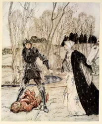 Cómo Beaumains derrotó al Caballero Rojo y siempre la dama le dijo muchas palabras groseras, ilustración de 