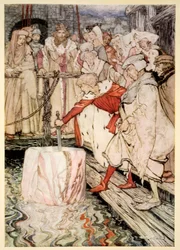 Cómo Galahad sacó la espada de la piedra flotante en Camelot, ilustración de 