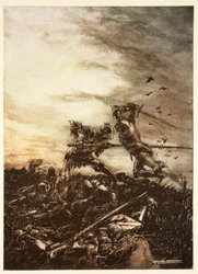 Cómo Mordred fue asesinado por Arturo, y cómo Arturo fue herido de muerte, ilustración del libro de Alfred Pollard 