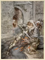 Cómo sir Lanzarote luchó con un dragón amistoso, ilustración de «El romance del rey Arturo y sus caballeros de la Mesa Redonda» de Alfred W. Pollard, 1910