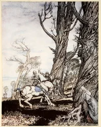 Cómo Sir Launcelot mató al caballero Sir Peris de Forest Savage que oprimía a damas, damiselas y mujeres nobles, ilustración de 