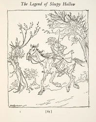 Ichabod Crane escapando del Jinete Sin Cabeza, de La leyenda de Sleepy Hollow de Washington Irving (1783 - 1859), pub. 1928