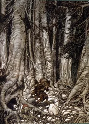 Ilustración de Arthur Rakham de Rip Van Winkle, un cuento corto del autor estadounidense Washington Irving publicado por primera vez en 1819