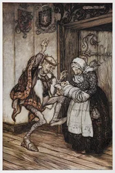 Ilustración de Briar Rose de unos ancianos reyes y su bebé.