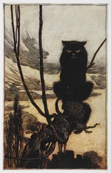 Ilustración de Jorinda y Joringel de un gato negro.