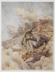 Ilustración de El pájaro de oro. Un príncipe montado en un zorro.