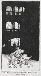 Ilustración de El pájaro de oro cuando el príncipe se lleva a la doncella a caballo.
