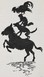 Ilustración de los Músicos de la ciudad de Bremen de un asno, un perro, un gato y un gallo.