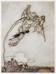 Ilustración de un dragón llevándose a la princesa de Los cuatro hermanos listos.