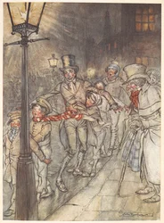 Ilustración de una escena callejera en Nochebuena con Bob Cratchit y los niños.