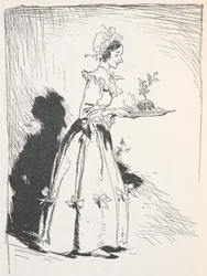 Ilustración de una mujer que lleva un pudín de Navidad