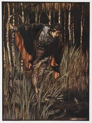 Ilustración de un joven junto a un estanque de La serpiente blanca.