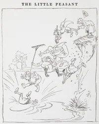 Ilustración de hombres saltando de un acantilado a un estanque de Los pequeños campesinos.