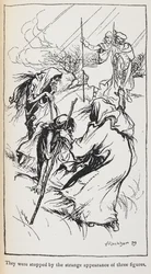 Ilustración de las tres brujas, Macbeth y Banquo.