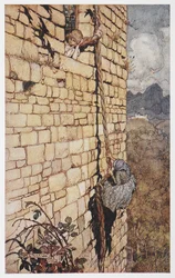 Ilustración de la bruja trepando por el pelo de Rapunzel.
