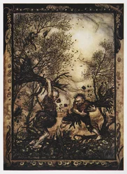 Ilustración de dos gigantes luchando con árboles de El sastre valiente.