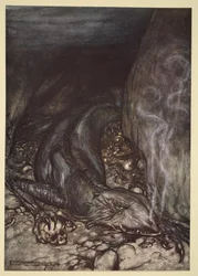 En forma de dragón, Fafner vigila el tesoro", ilustración de "Sigfrido y el crepúsculo de los dioses".