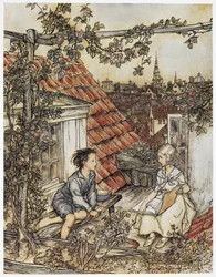 "Kay y Gerda en su jardín, en lo alto del tejado". Dos niños sentados en el tejado de una casa. Ilustración de "la niña y el niño".