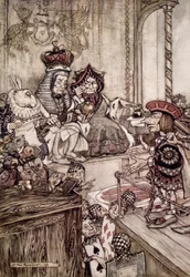 El Knave ante el Rey y la Reina de Corazones, ilustración de 
