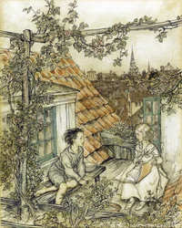 La Reina de las Nieves - Kay y Gerda en su jardín en el techo. Ilustración para el cuento de La Reina de las Nieves por Arthur Rackham