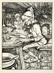 ¡Pon!, rugió el gigante y entonces la gallina puso inmediatamente un huevo de oro macizo, de The Arthur Rackham Fairy Book, pub. 1933