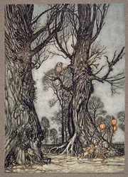 Portadores corriendo al frente llevando cerezas de invierno, de Peter Pan en los Jardines de Kensington de J M Barrie, pub. 1906