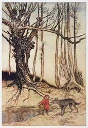 Caperucita Roja y el lobo en el bosque.