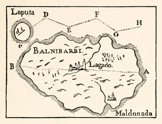 Mapa de Laputa (isla voladora arriba a la derecha) y Balnibarbii (puerto principal Maldonada), de la Parte III: Un viaje a Laputa, Balnibarbi, Luggnagg, Glubbdubdrib y Japón en Los viajes de Gulliver de Jonathan Swift