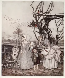 Madre e hijos regresando de recoger manzanas, de Rip Van Winkle de Washington Irving, pub. 1910