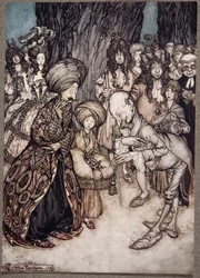 Mi señor duque, dijo el médico con entusiasmo, tengo el honor de informar a su excelencia que su gracia está enamorada..., de Peter Pan en los jardines de Kensington por J M Barrie (1860 - 1937), pub. 1906